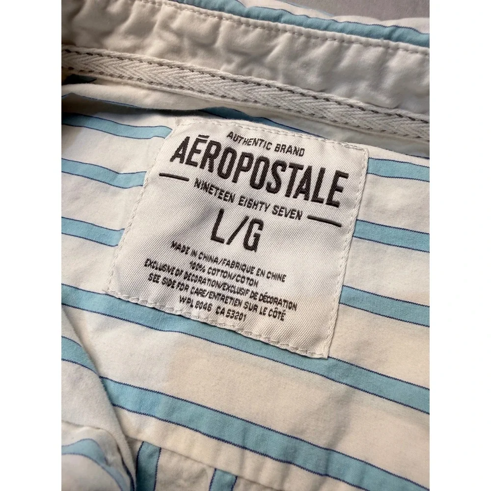 Aeropostale Mens Long Sleeve Button Down Shirt Blue White Striped Large A87 Logo - Picture 2 of 5
